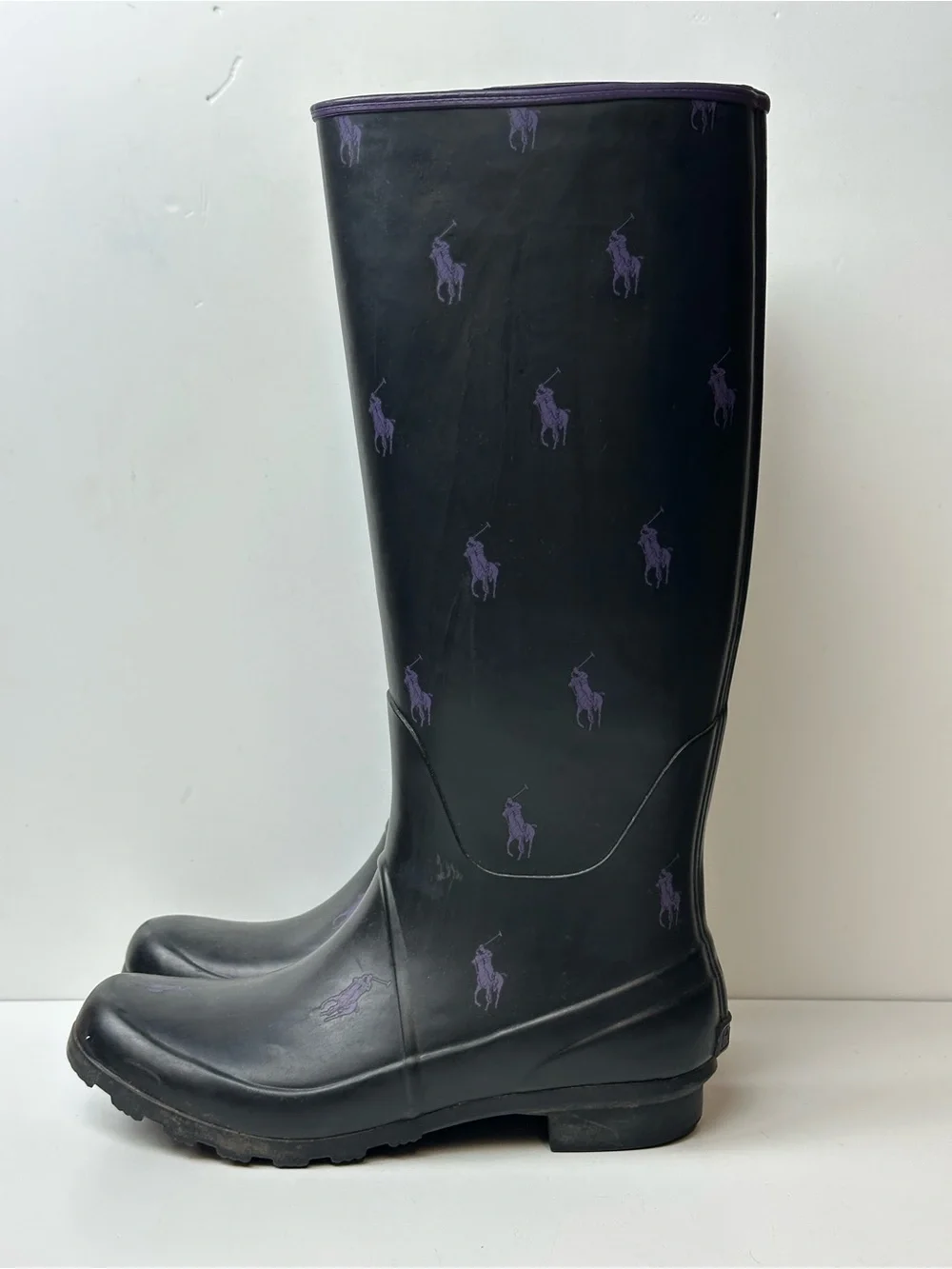 Ralph Lauren Black And Purple Pony Rubber Rain Boots
